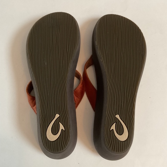 Olukai Paniolo Wedge Women’s Sz 8 Orange Brown Leather Thong Sandals - Picture 3 of 12